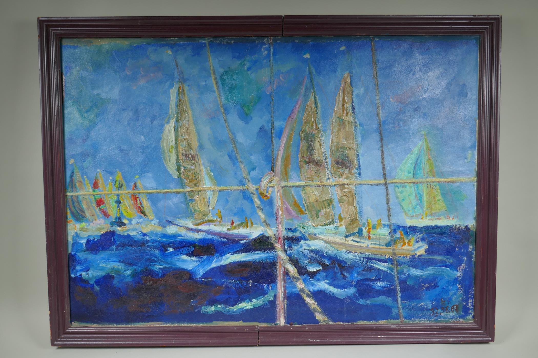 T. Holland, (C20th), (possibly Tom Holland, American) sailing boats at full sail, initialled T.H. - Image 3 of 7