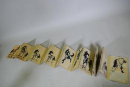 A Chinese concertina book, the cardboard leaves with print of ponies and inscriptions, 28 x 18 x