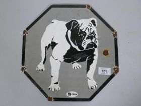 A vintage style enamelled metal sign depicting a bulldog, 30cm diameter