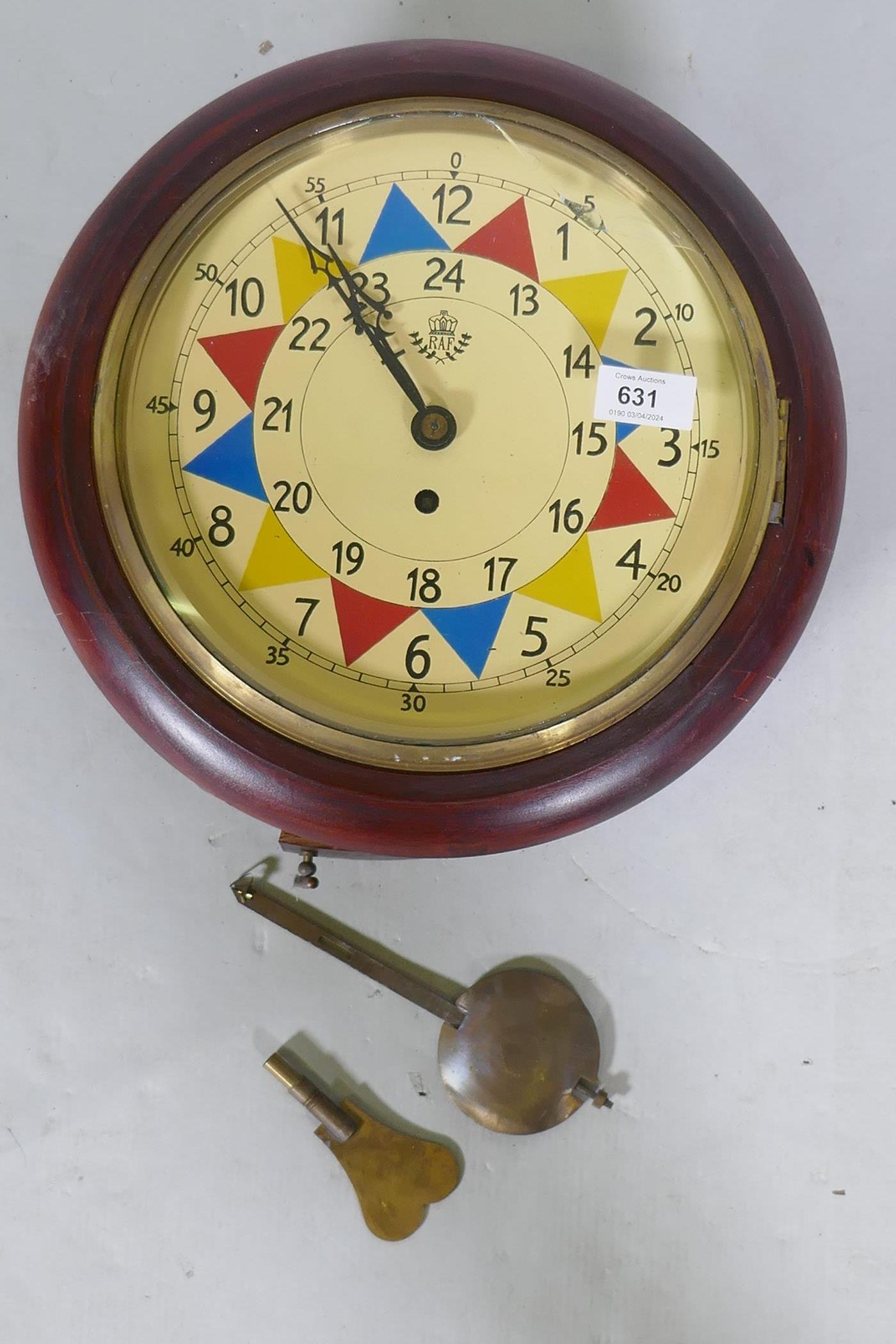 A fusee wall clock with R.A.F. style painted dial and wood case, 33cm diameter, dial 23cm