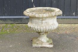 A vintage campagna style reconstituted stone garden urn, 53cm dia x 50cm high