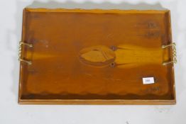 An inlaid yew wood veneered gallery tray with brass handles, 35 x 54cm