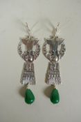 A pair of sterling silver South American style earrings with two green jade drops, 8cm