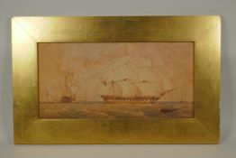 English Man-O-War and other ships on the open sea, early C19th, watercolour, 23 x 47cm