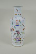 A Chinese polychrome porcelain rouleau vase, decorated with bats, flowers and objects of virtue,