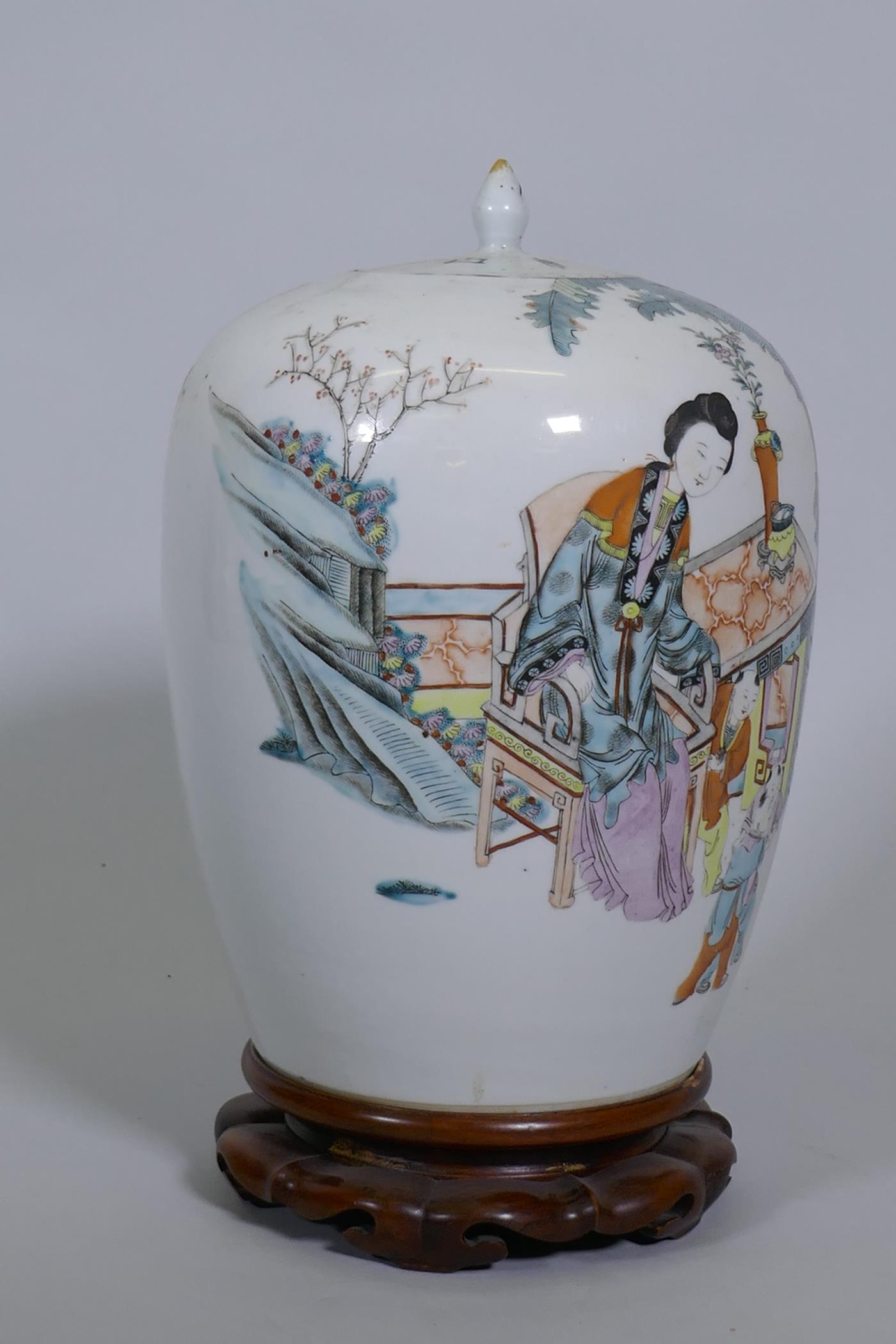 A Chinese famille verte jar and cover, decorated with women and five boys in a garden, with - Image 2 of 10