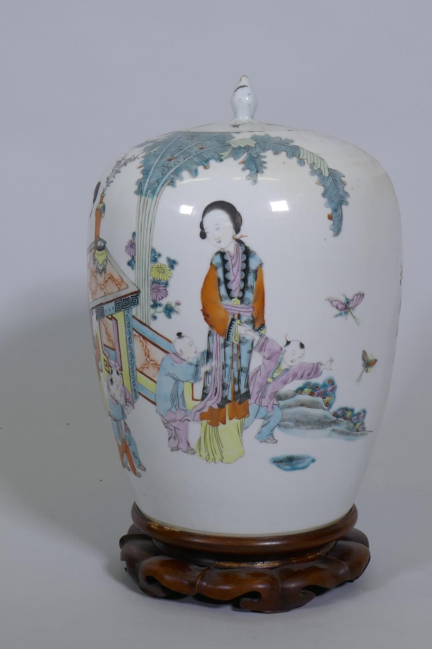 A Chinese famille verte jar and cover, decorated with women and five boys in a garden, with - Image 6 of 10