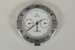An Omega stainless steel constellation chronometer day date wrist watch, lacks strap, with yellow