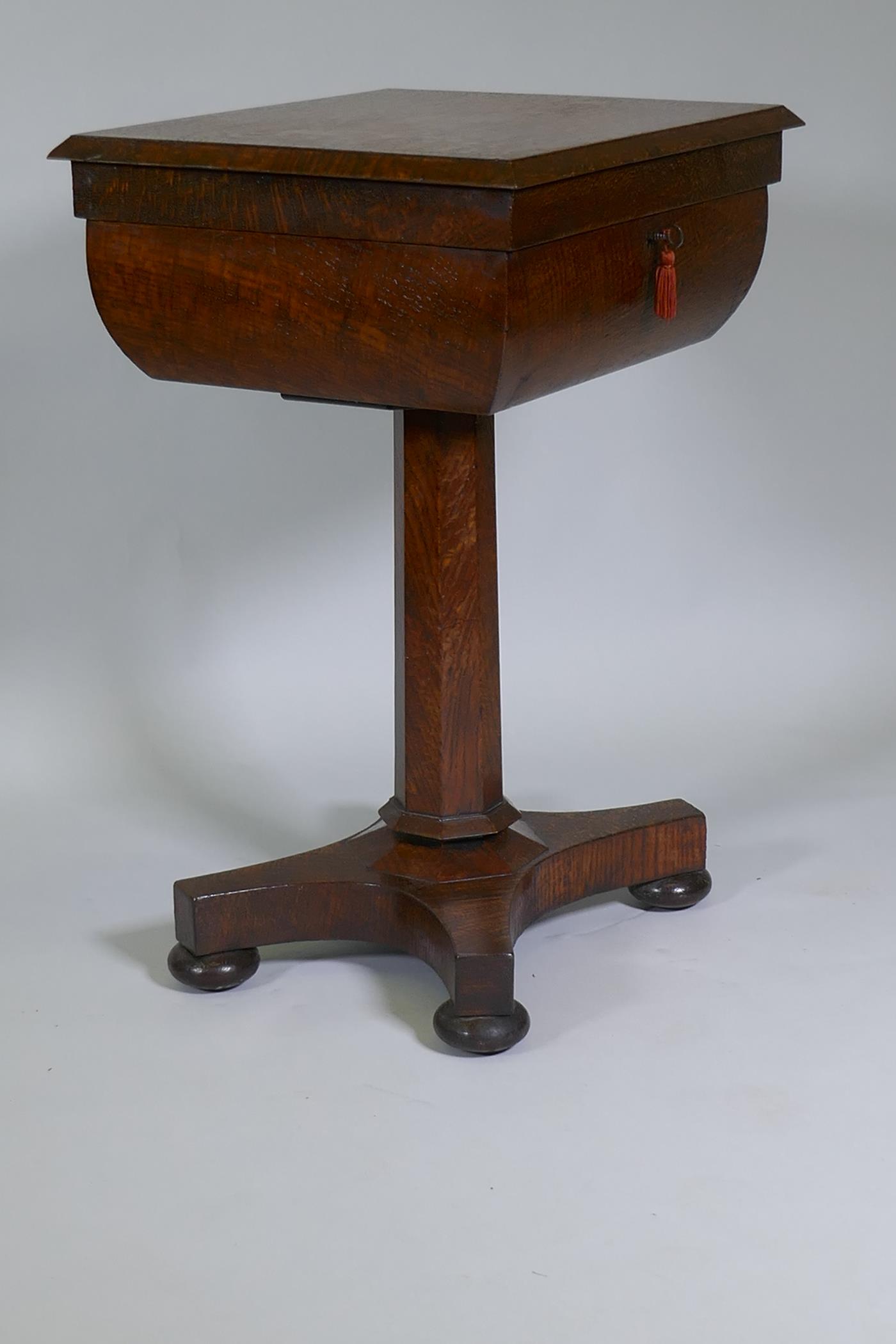 A Victorian oak workbox, the lift up top with fitted interior, raised on a tapering column and - Image 9 of 9