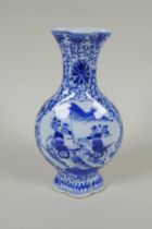An early C20th Chinese blue and white porcelain vase decorated with warriors on horseback, 18cm high