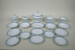 A Victorian transfer printed porcelain doll's dining service, four settings including tureens, gravy