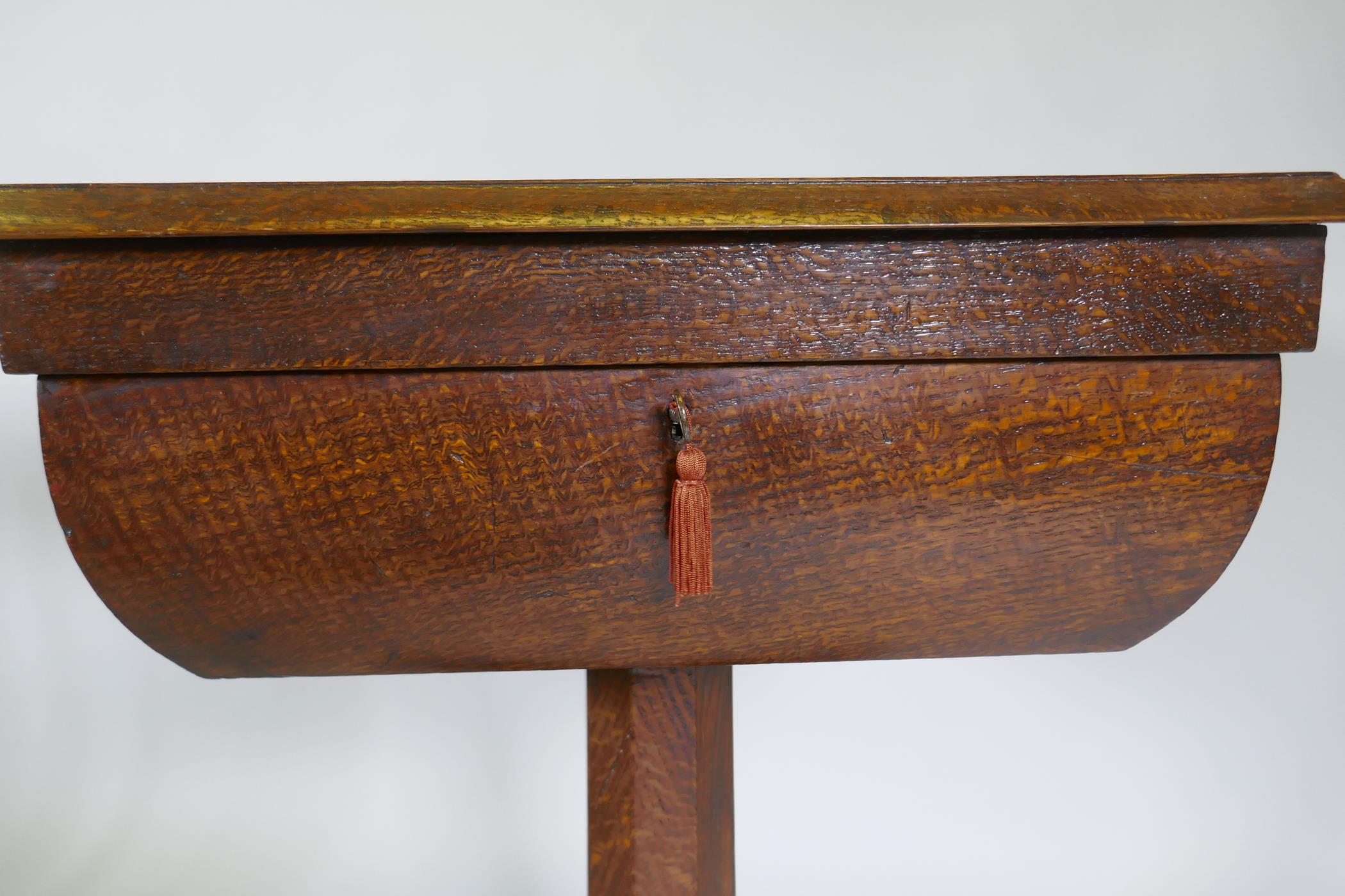 A Victorian oak workbox, the lift up top with fitted interior, raised on a tapering column and - Image 7 of 9