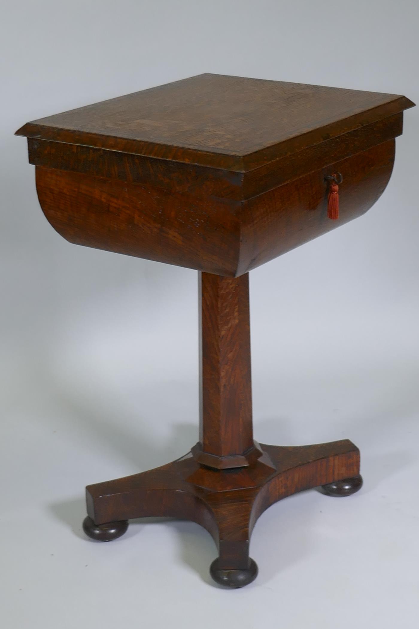 A Victorian oak workbox, the lift up top with fitted interior, raised on a tapering column and - Image 3 of 9