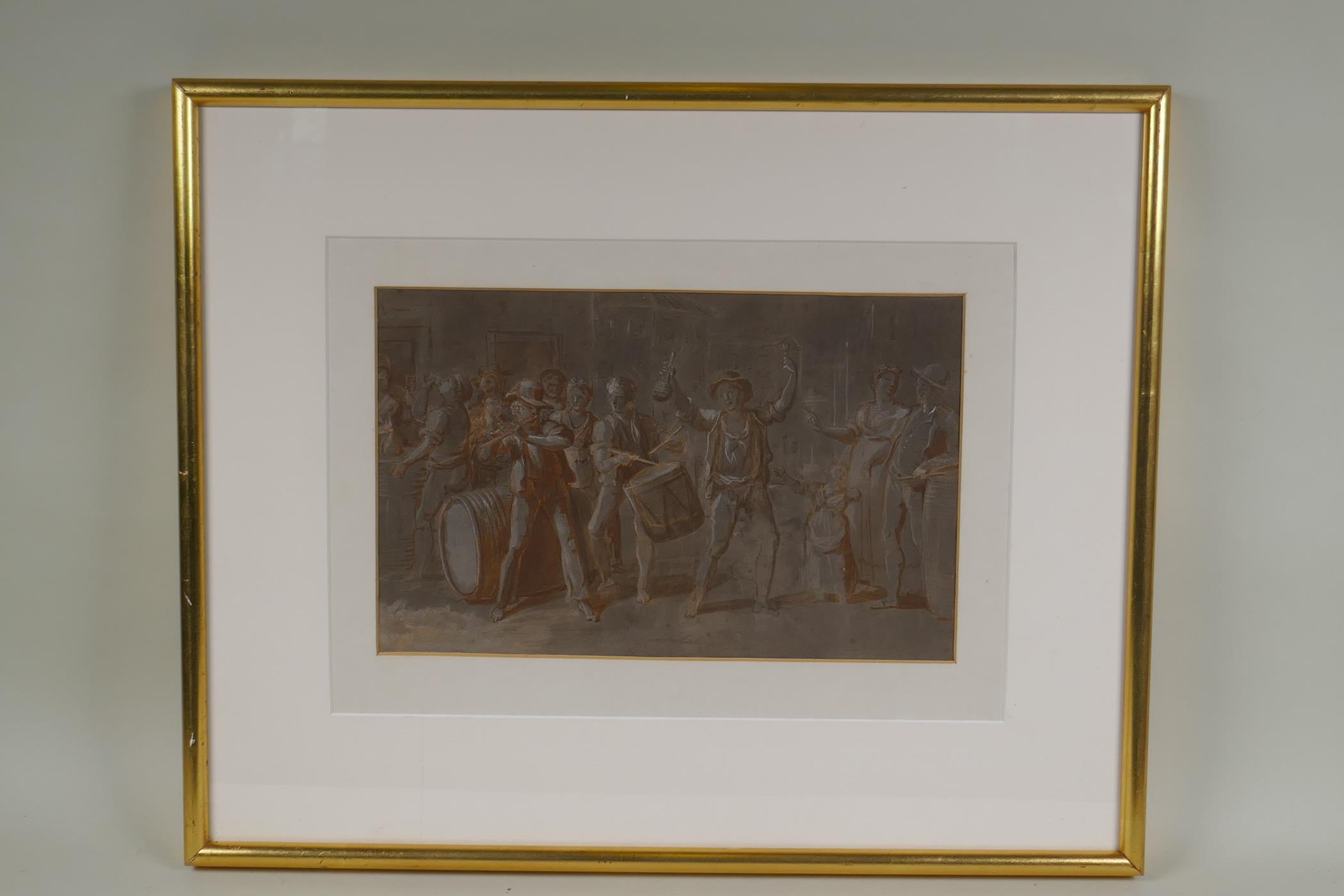 Revellers in a street,  C18th watercolour, ink and white chalk drawing, 21 x 32cm - Image 2 of 2