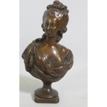 A late C19th/early C20th Continental bronze bust of Marie Antoinette, after Lecomte, unsigned,