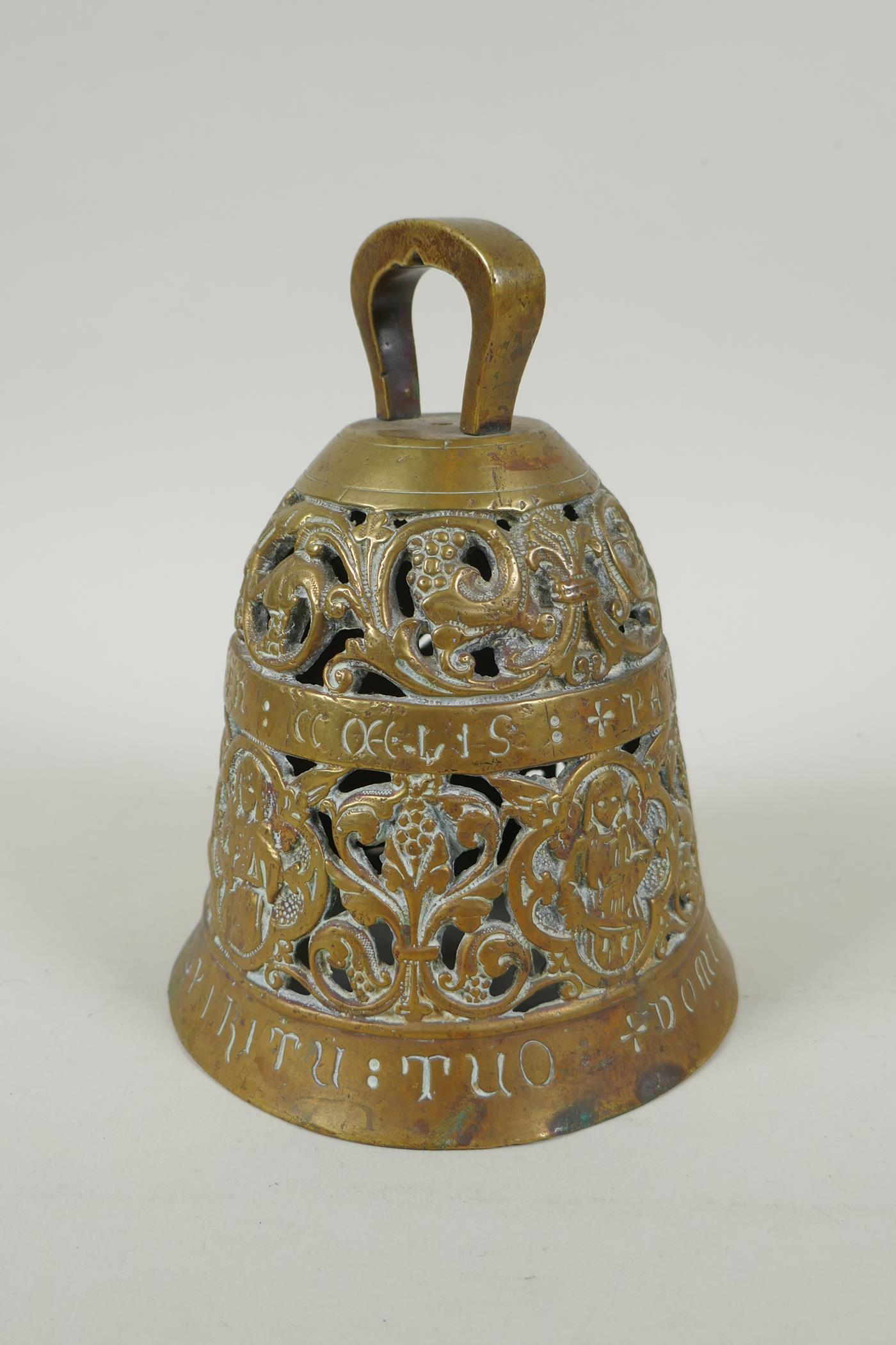 An antique pierced bronze prayer bell decorated with depictions of angelic musicians and Catholic - Image 5 of 6