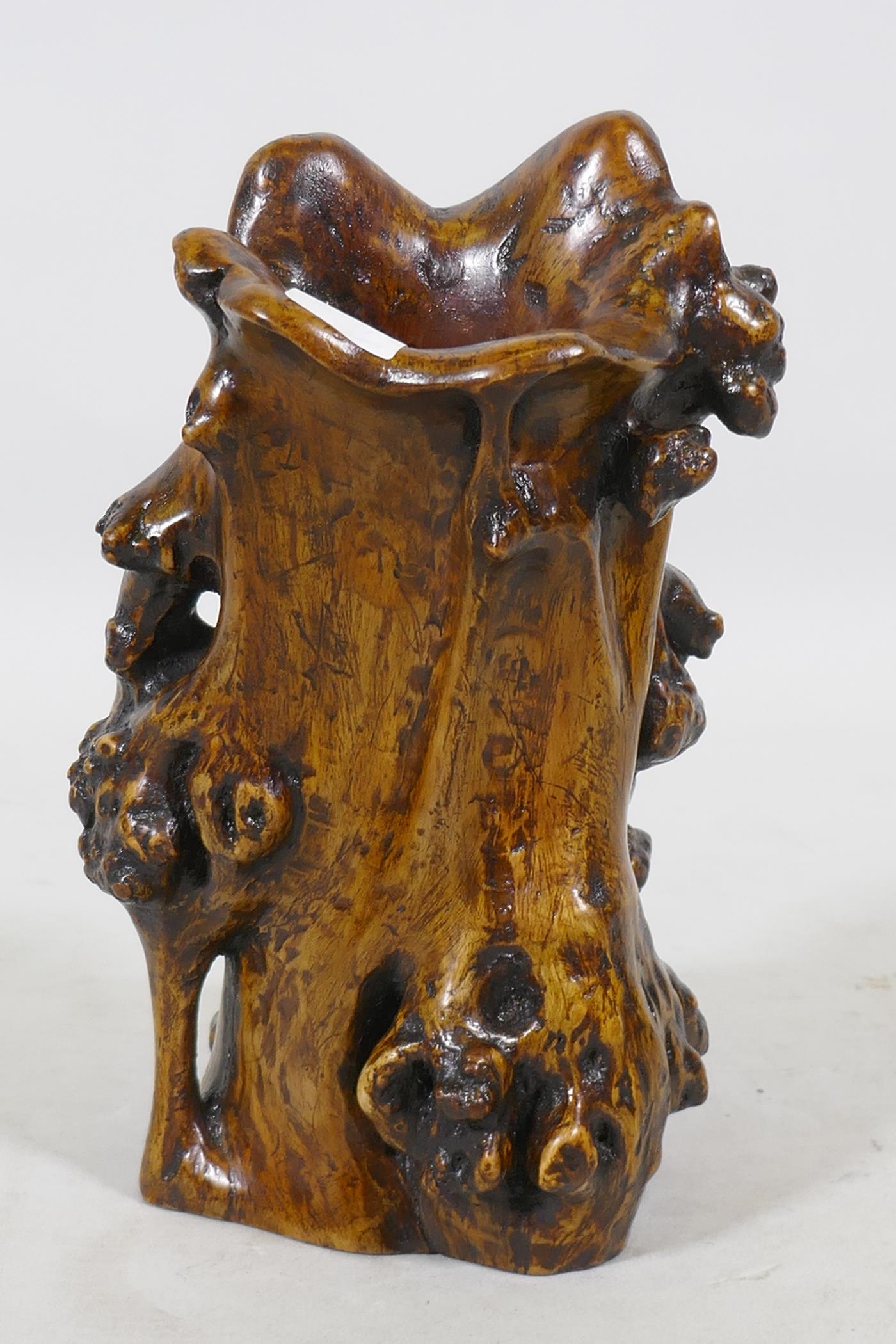 A Chinese antique rootwood brush pot, 23cm high - Image 2 of 5