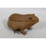 Japanese takeami woven bamboo beaker in the form of a toad, with glass eyes, 27cm long