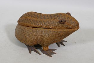 Japanese takeami woven bamboo beaker in the form of a toad, with glass eyes, 27cm long