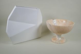 A Calligaris design ceramic angular pocket vase, AF, and a pink marble centrepiece bowl, largest