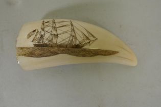 A whale tooth scrimshaw depicting an American three masted whaling ship, inscribed R. Spring 72,
