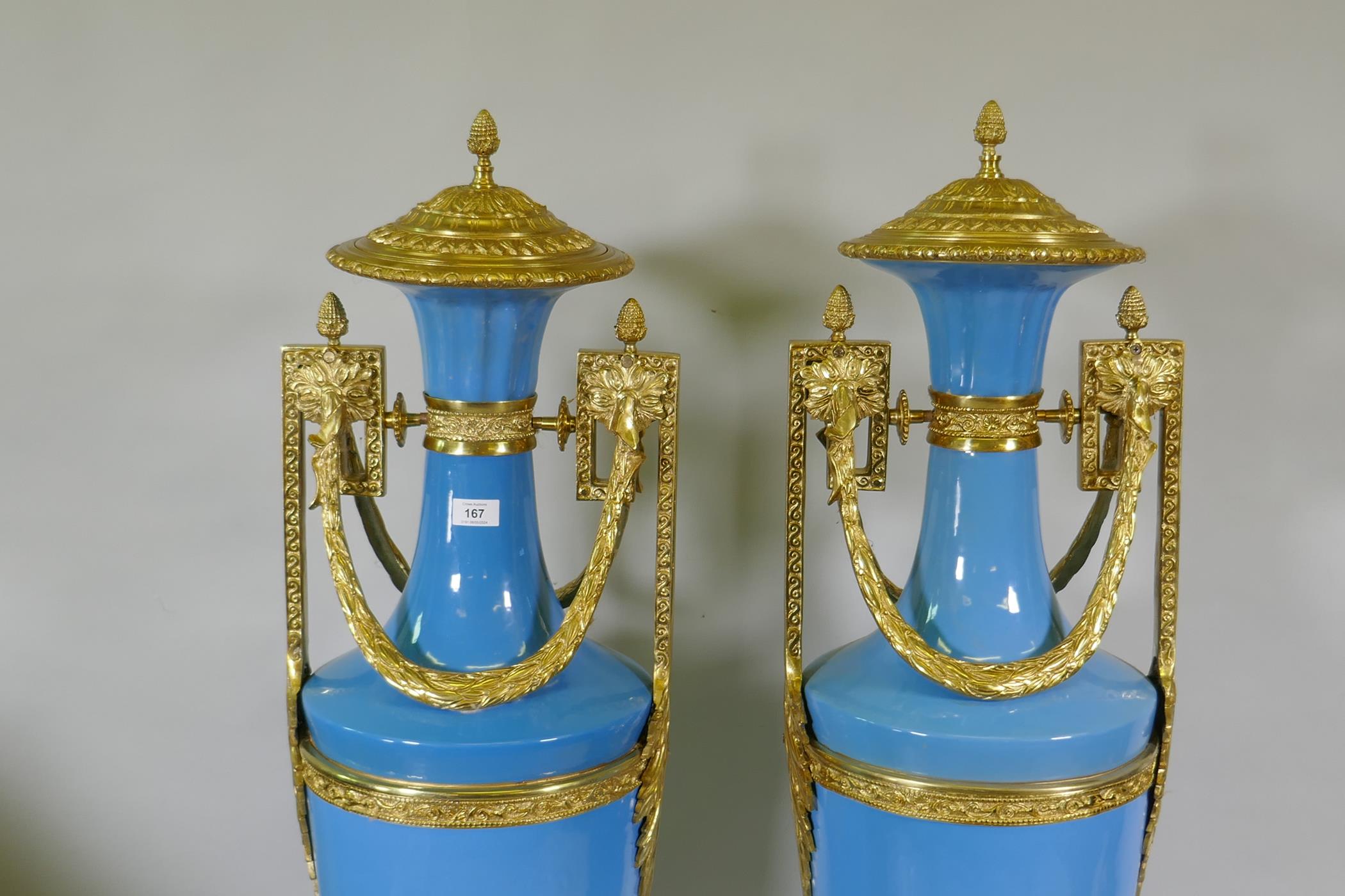 A large pair of Sevres blue style ceramic urns with ormolu mounts, 135cm high - Image 4 of 4