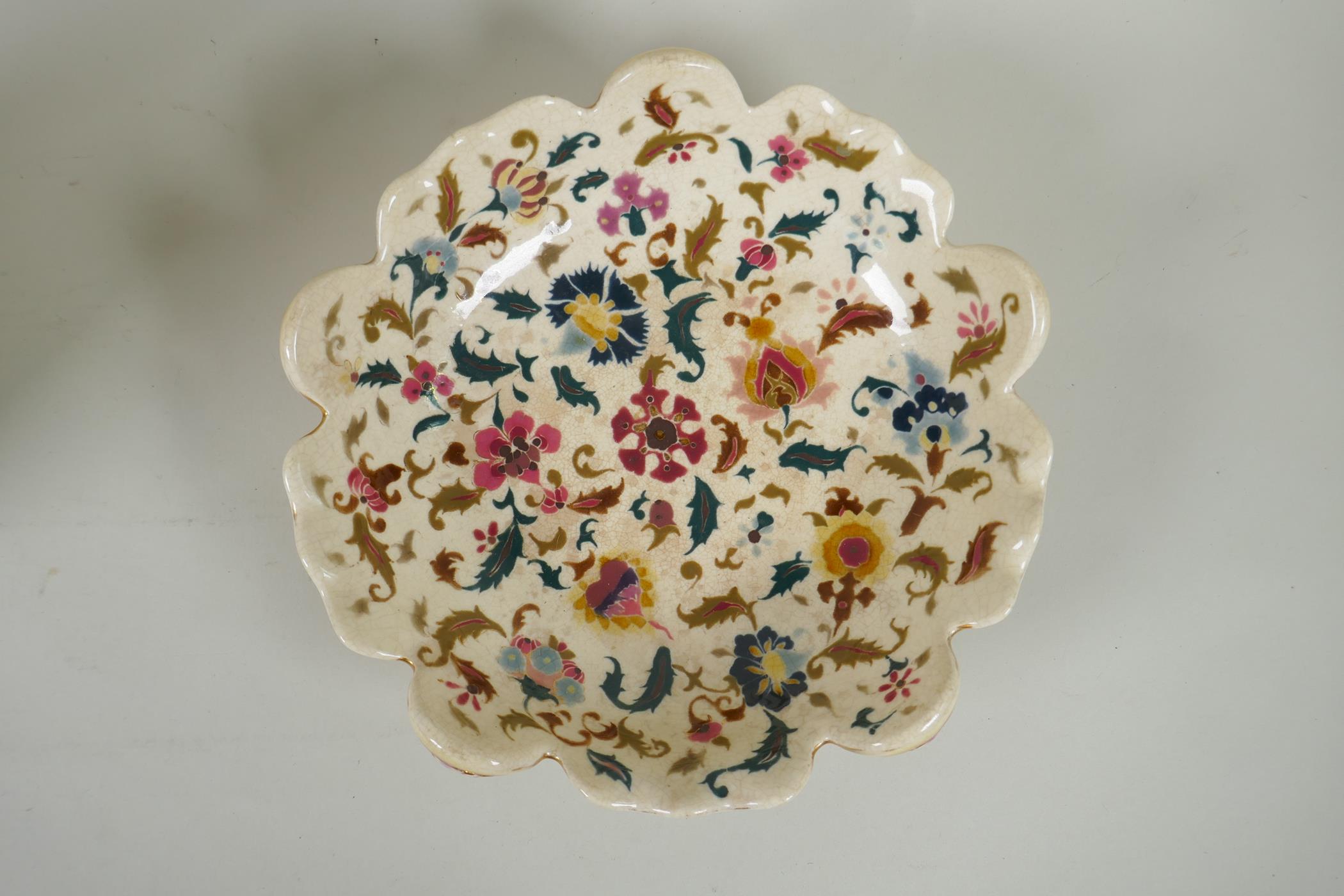 A Zsolnay Pecs polychrome porcelain dish with frilled rim and floral decoration, together with a - Image 2 of 7