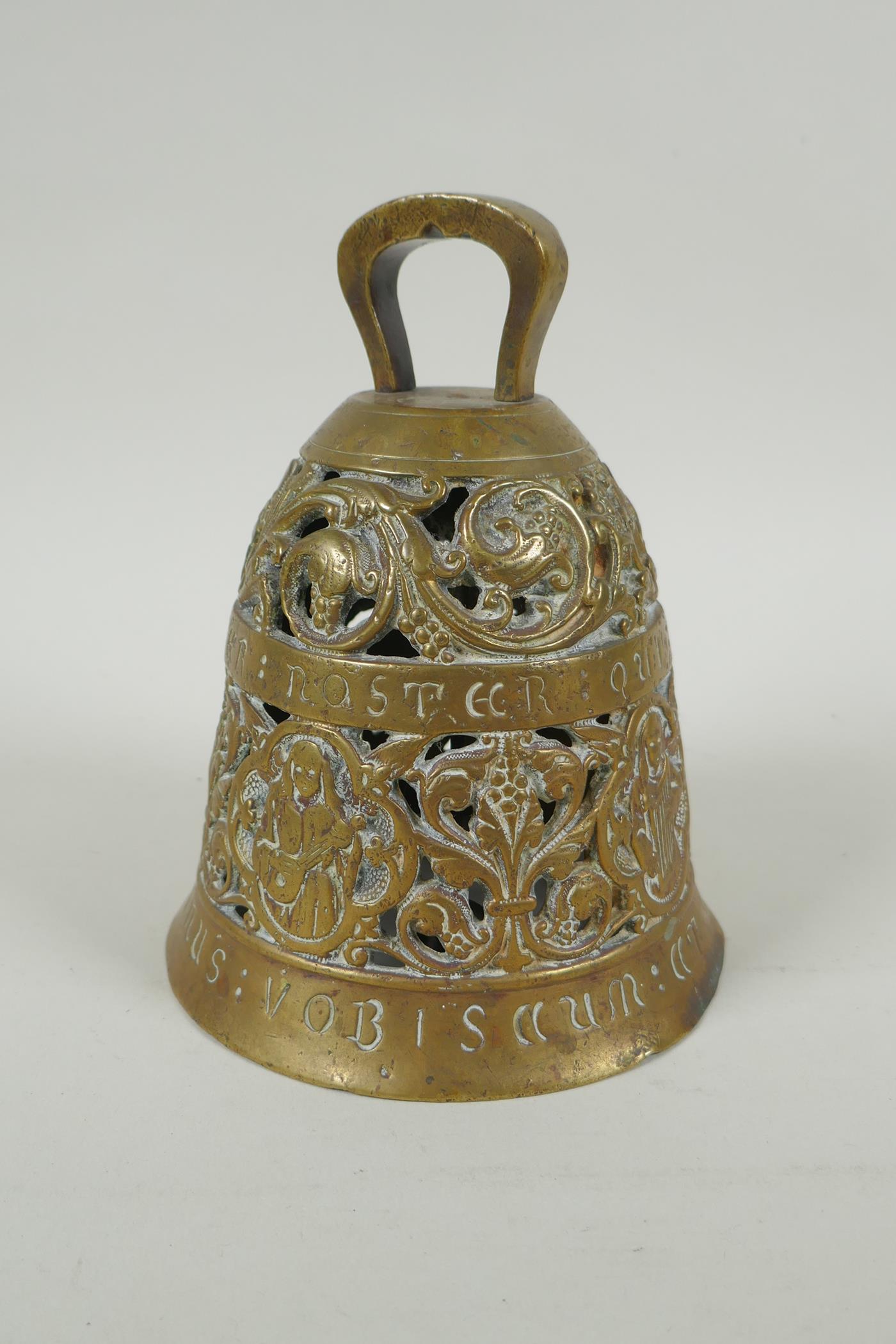 An antique pierced bronze prayer bell decorated with depictions of angelic musicians and Catholic - Image 2 of 6