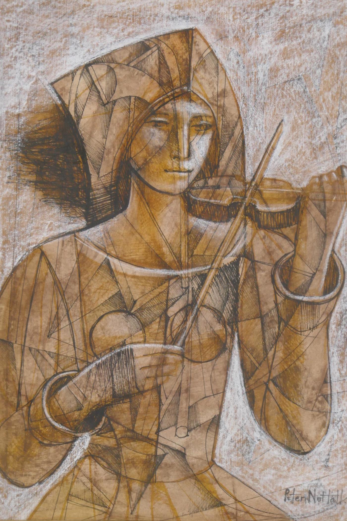 Peter Nuttall, woman playing a violin, signeda nd dated '74, pen, wash and crayon, 22 x 30cm