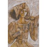 Peter Nuttall, woman playing a violin, signeda nd dated '74, pen, wash and crayon, 22 x 30cm