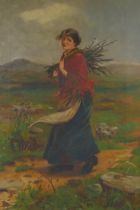 Landscape with young lady carrying faggots, signed F. Donald, oil on canvas, 59 x 39cm
