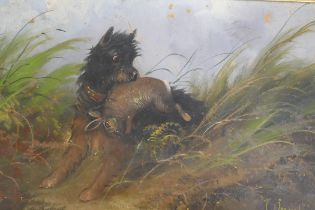 J. Langlois, terrier with game, signed, late C19th/early C20th, oil on millboard