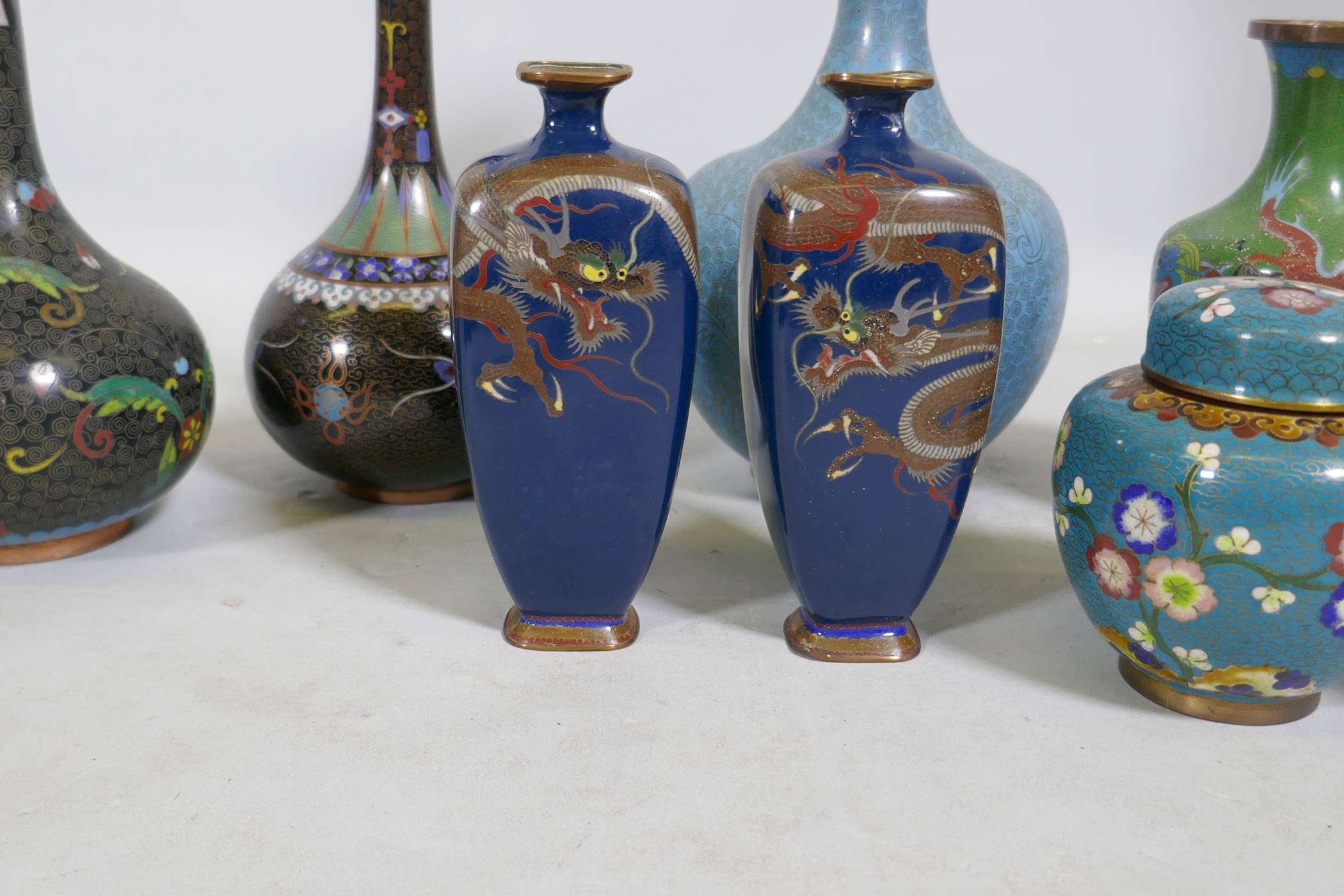 A collection of Chinese cloisonne vases with dragon and floral decoration, largest 31cm high - Image 3 of 6
