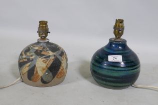 Bryan Newman for Aller Studio Pottery, ceramic lamp with blue glaze and another in matt glaze,