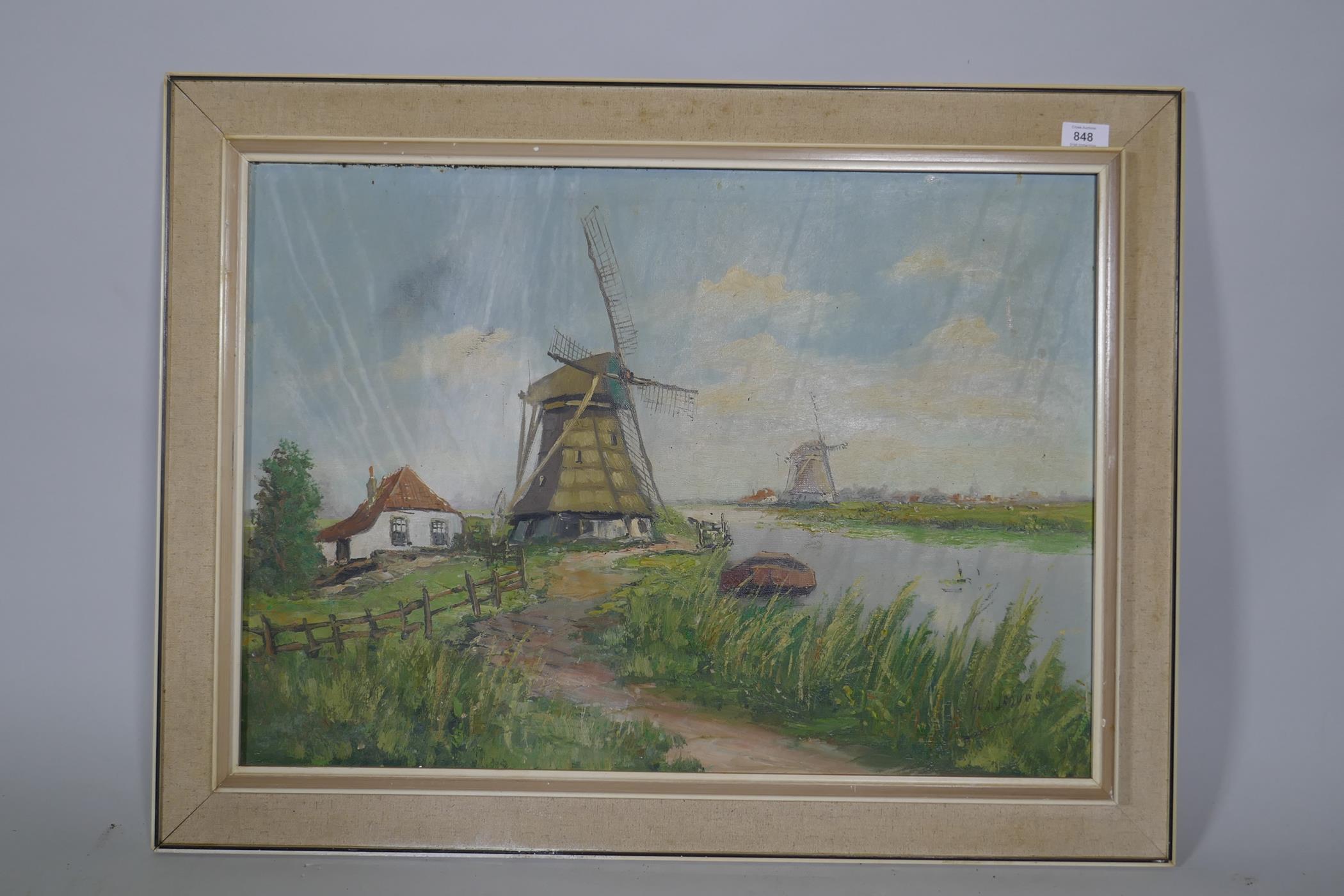 Dutch School, canal scene with windmills, signed, mid C20th, oil on canvas, 70 x 50cm - Image 2 of 5