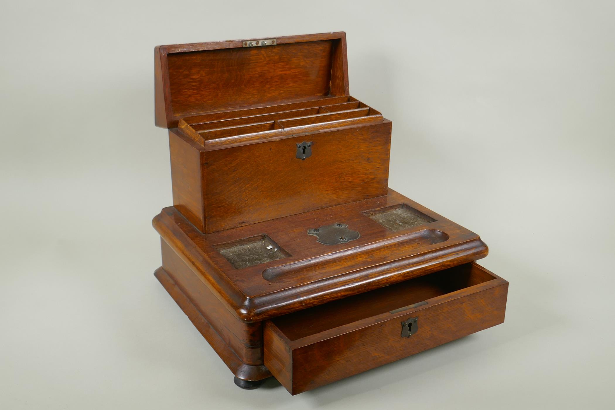 An antique oak correspondence box with metal mounts, 30 x 33cm, 27cm high - Image 3 of 3