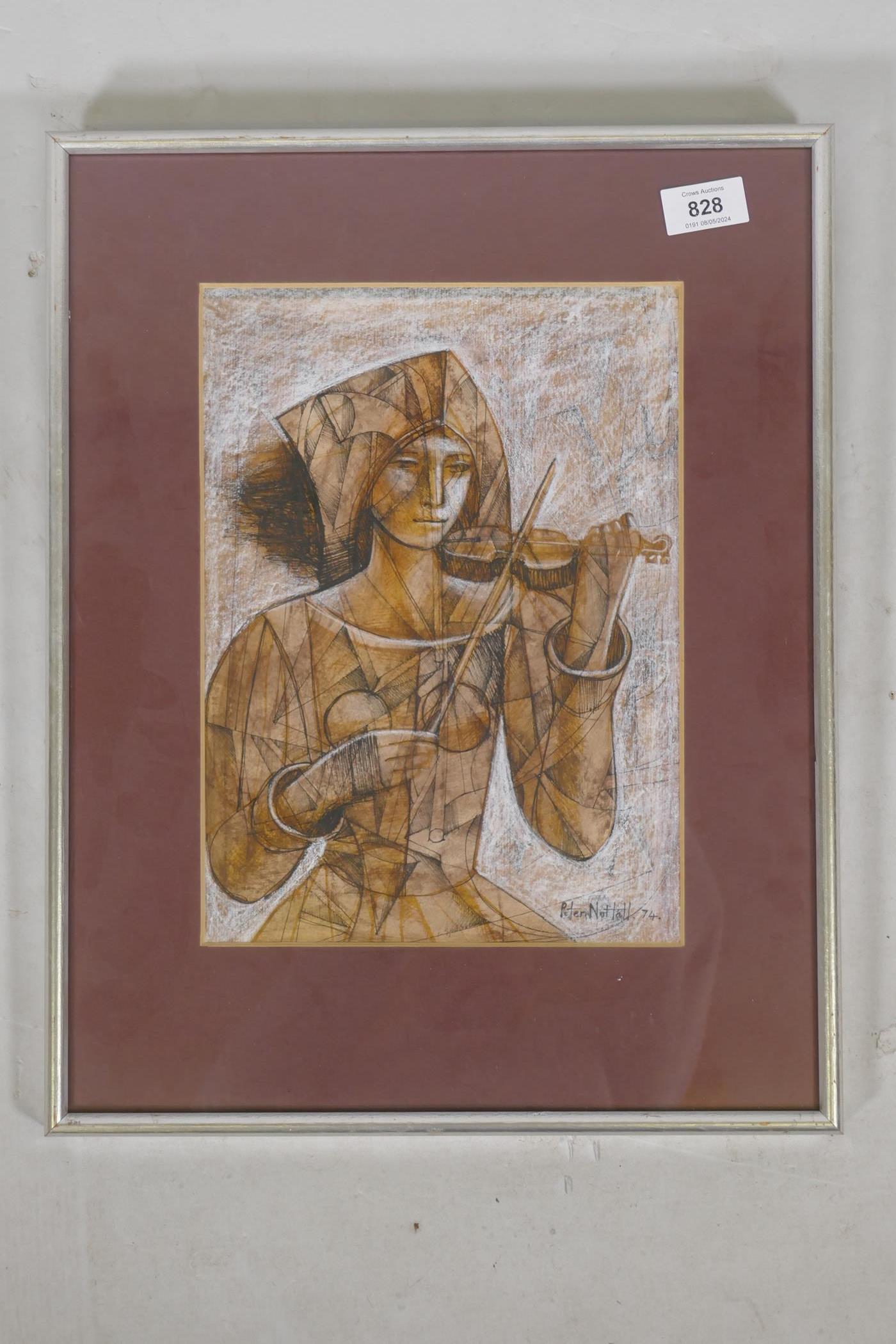 Peter Nuttall, woman playing a violin, signeda nd dated '74, pen, wash and crayon, 22 x 30cm - Image 2 of 3