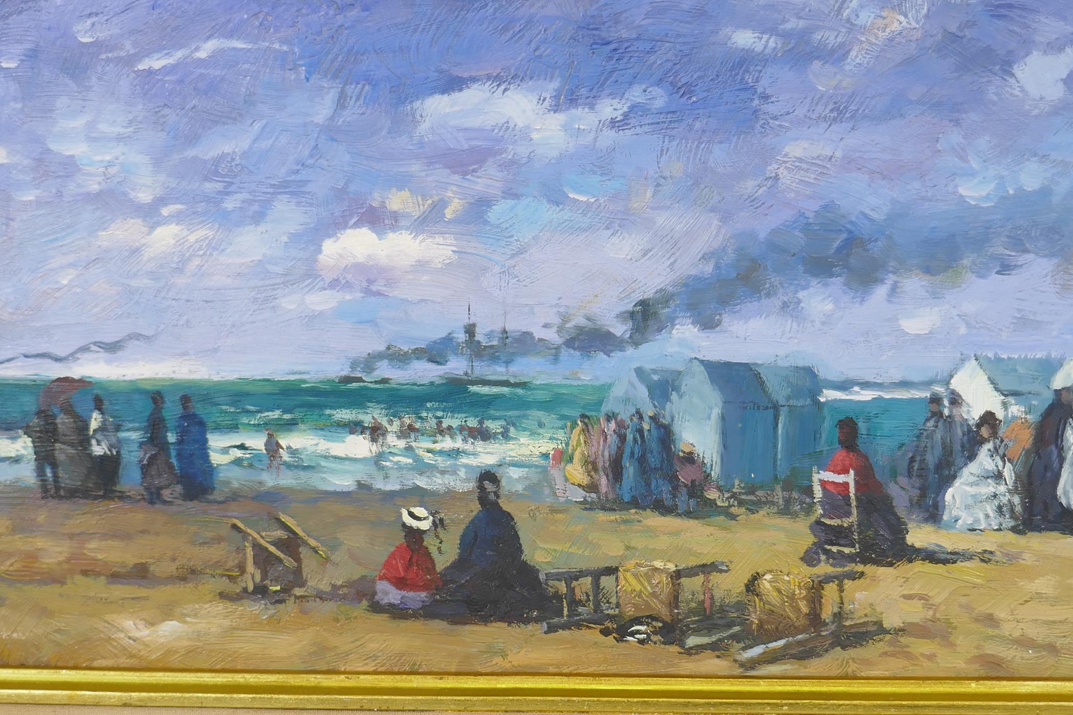 In the manner of Eugene Boudin, figures on a sea shore, signed Rarel?, a pair of oils on board, 40 x - Image 2 of 8