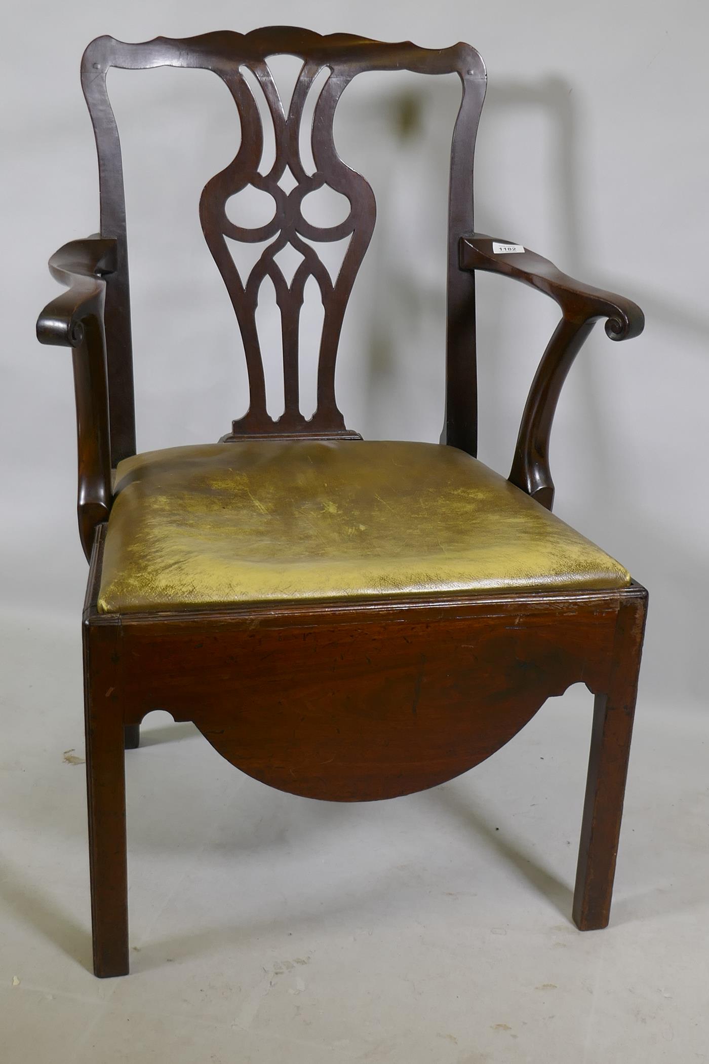A Georgian mahogany Chippendale style elbow chair with pierced splat back, scroll arms and drop in - Image 2 of 2
