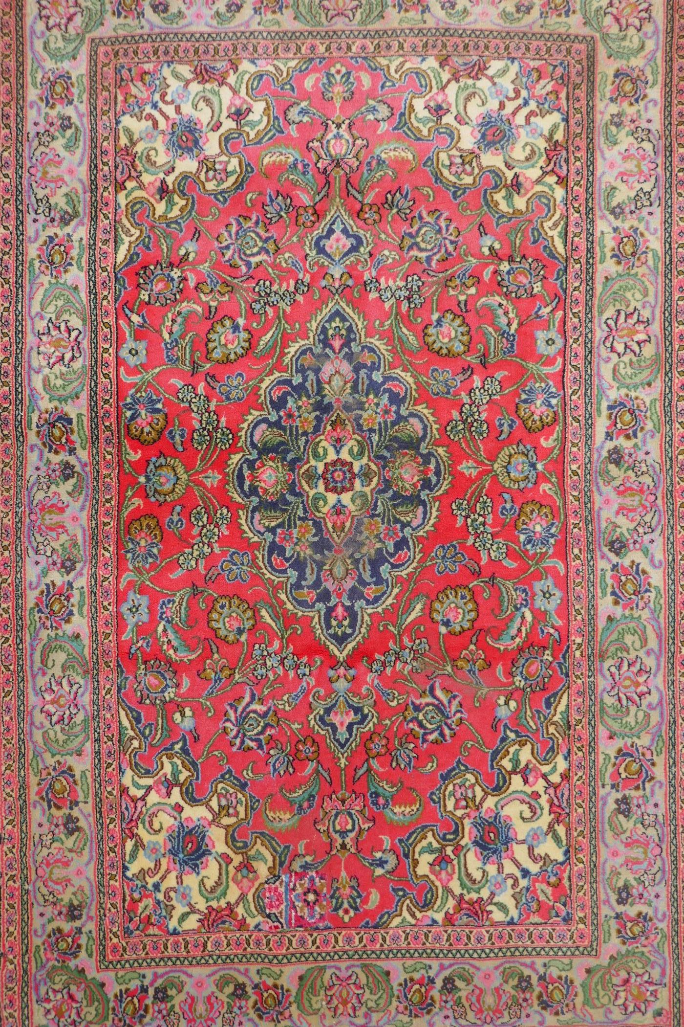 A very fine hand woven Persian Kashan rug with floral medallion design on a pink field, patched, 172 - Image 3 of 9