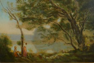 Figures by a woodland lake, oil on board, possibly on print base, 26 x 36cm