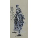 In the manner of E. Meissonier, study of a cavalry officer on horseback, gouache, 17 x 8cm