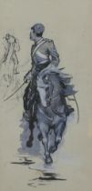 In the manner of E. Meissonier, study of a cavalry officer on horseback, gouache, 17 x 8cm