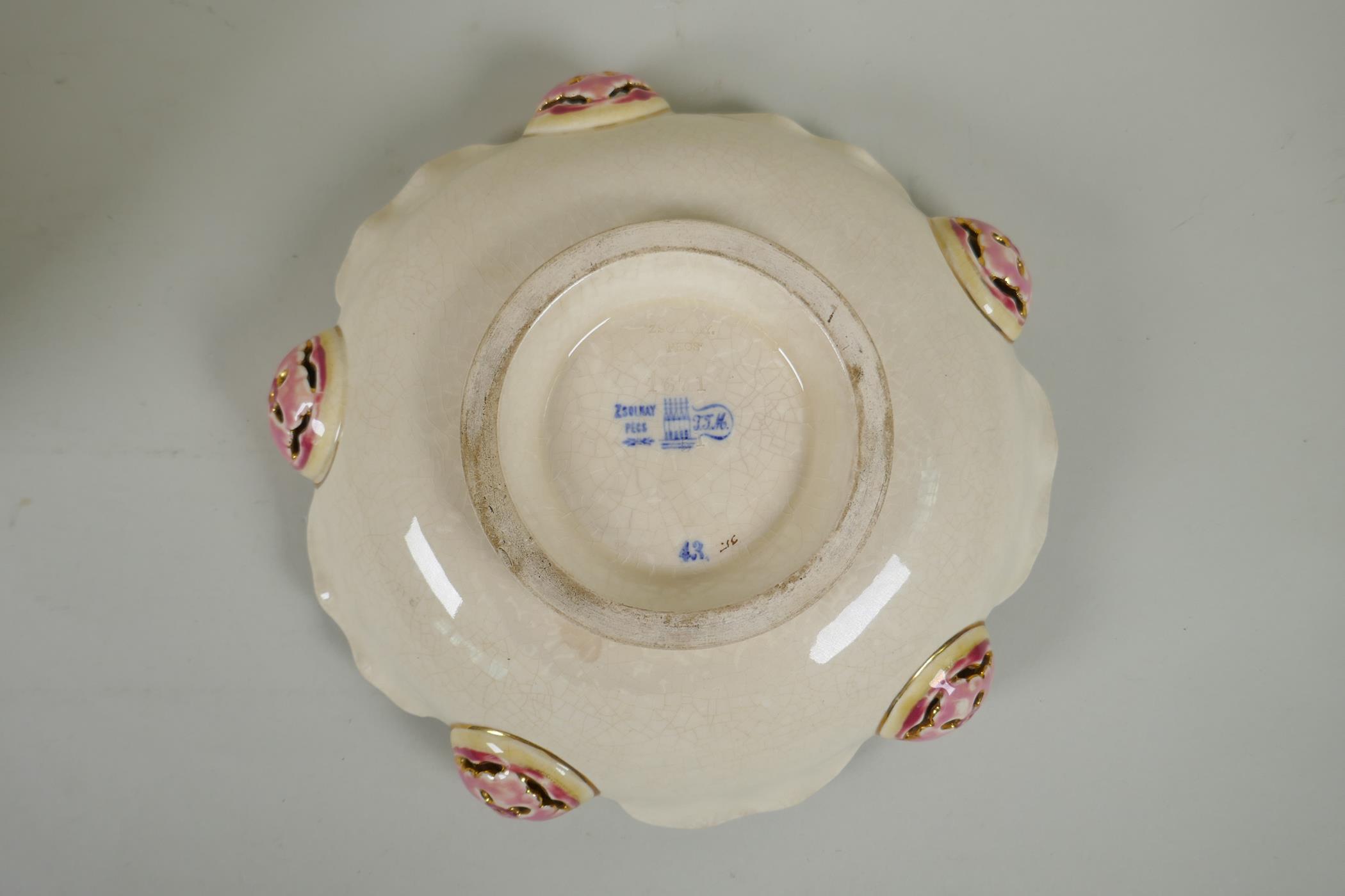 A Zsolnay Pecs polychrome porcelain dish with frilled rim and floral decoration, together with a - Image 4 of 7