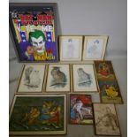Eleven various prints to include Batman Vote for Me by Marshall Rogers, three depicting owls after