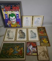 Eleven various prints to include Batman Vote for Me by Marshall Rogers, three depicting owls after