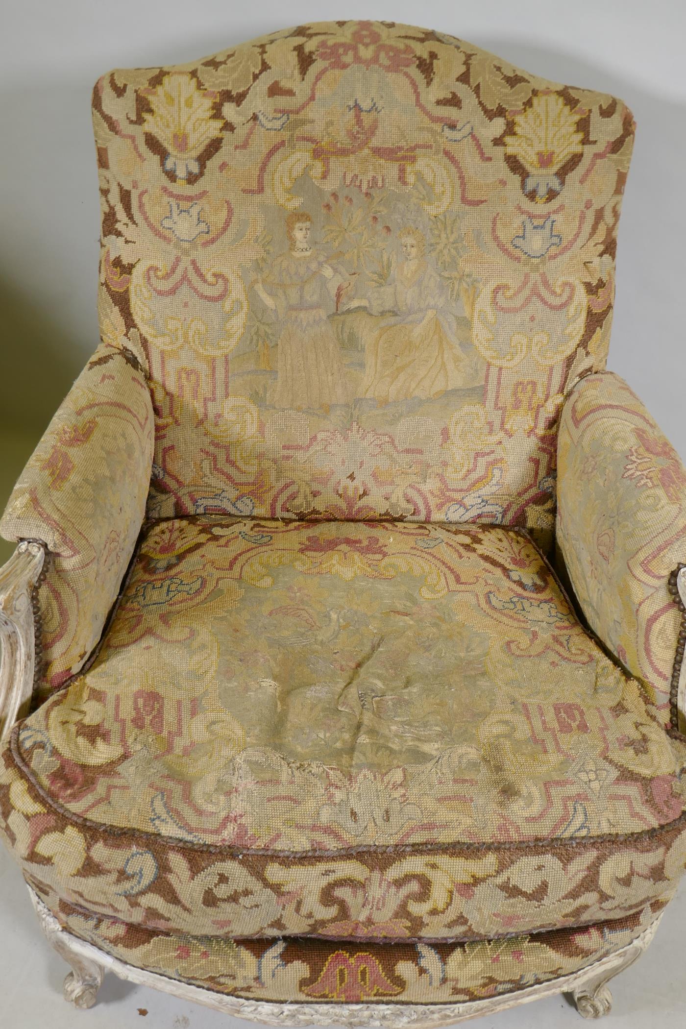 An C18th style French carved and painted beechwood framed arm chair with tapestry covers - Image 3 of 7