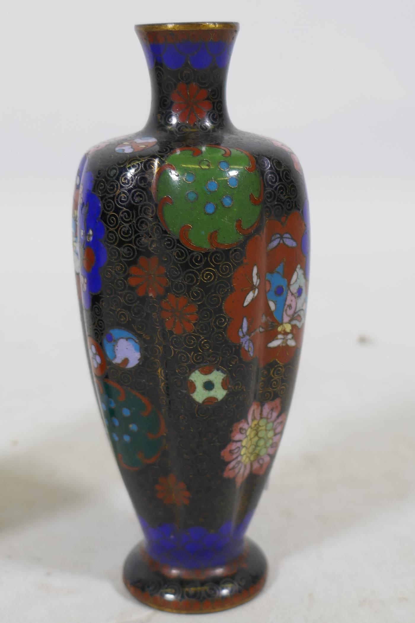 A pair of antique oriental cloisonne vases with lobed bodies, AF, 13cm high - Image 2 of 4