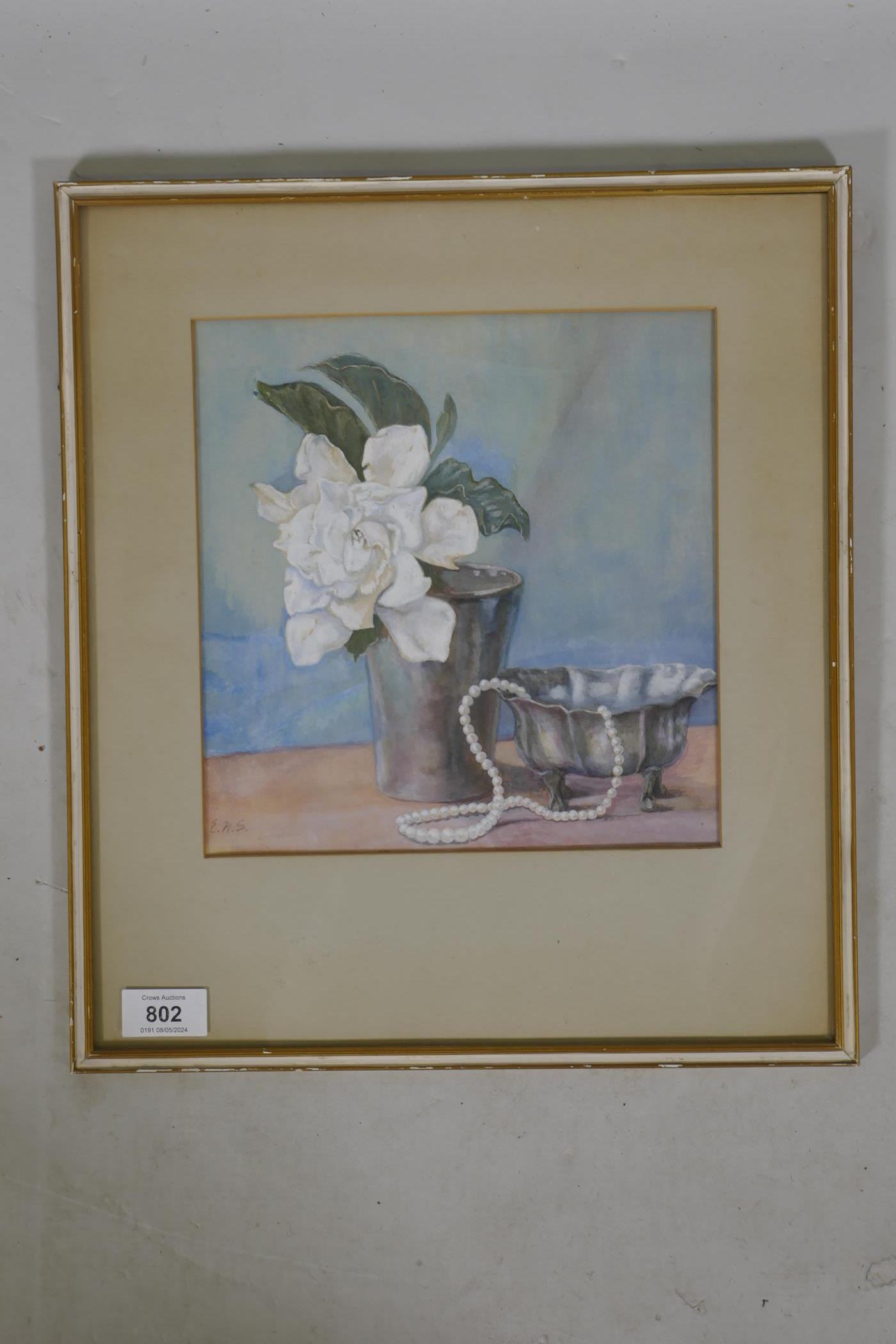 Still life with vase and string of pearls, watercolour, monogramed E.H.S., early C20th, 24 x 23cm - Image 2 of 3