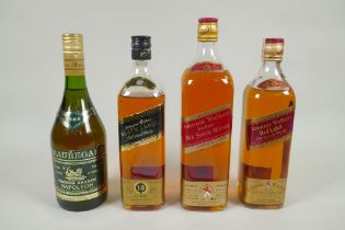 Four vintage bottles of spirits, to include two bottles of Johnnie Walker Red Label Old Scotch